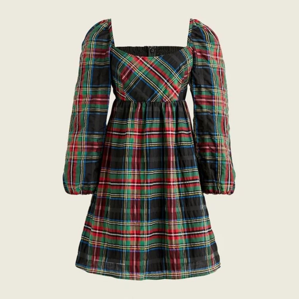 J.Crew Puff-sleeve Mini Dress Size 00 Stewart Tartan Plaid Holiday Christmas